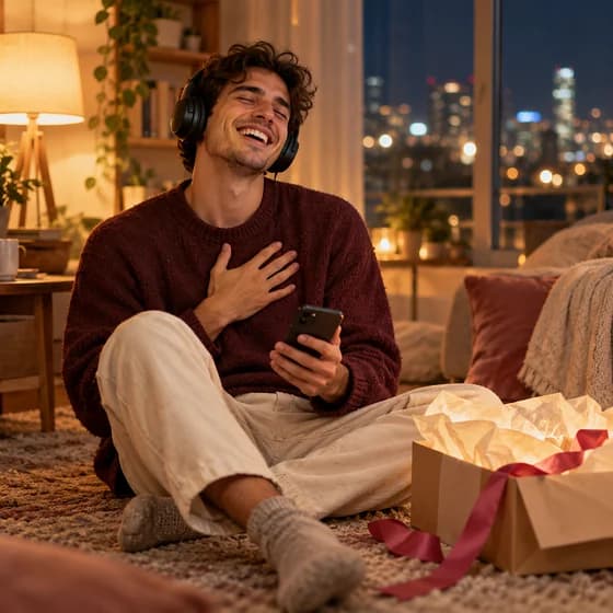 A young man in headphones laughs with his eyes shut on the floor of a small apartment at night, an opened parcel beside him (AI photo, fictional person)