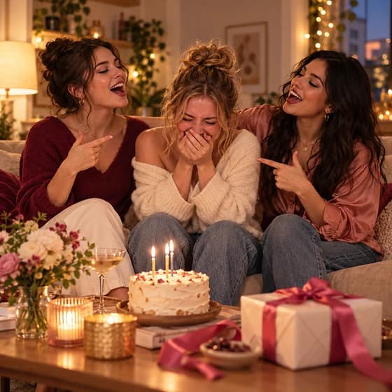 Three friends on a sofa under string lights, one doubled over laughing while the other two sing at her (AI photo, fictional people)