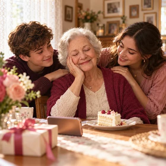 A grandmother around eighty listens with her eyes closed and a hand on her cheek while two grandchildren lean on her shoulders (AI photo, fictional people)