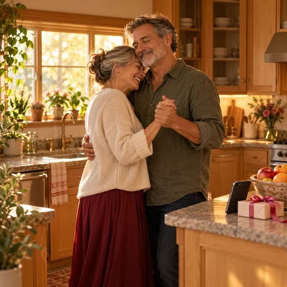 A couple in their sixties slow-dance in their kitchen while a phone propped against the fruit bowl plays their song (AI photo, fictional people)