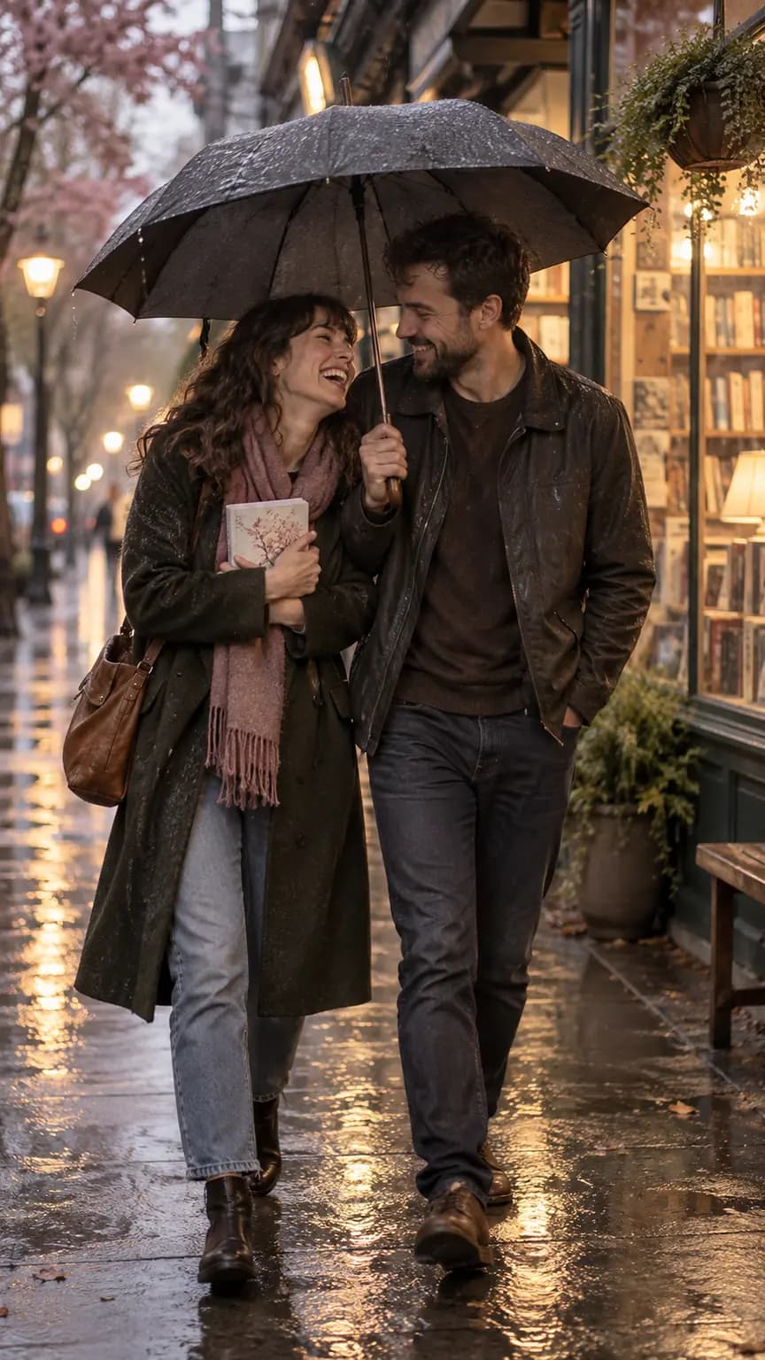 A couple sharing an umbrella on a rainy street outside a small bookshop, she laughing with a poetry book held to her chest (AI photo, fictional people)