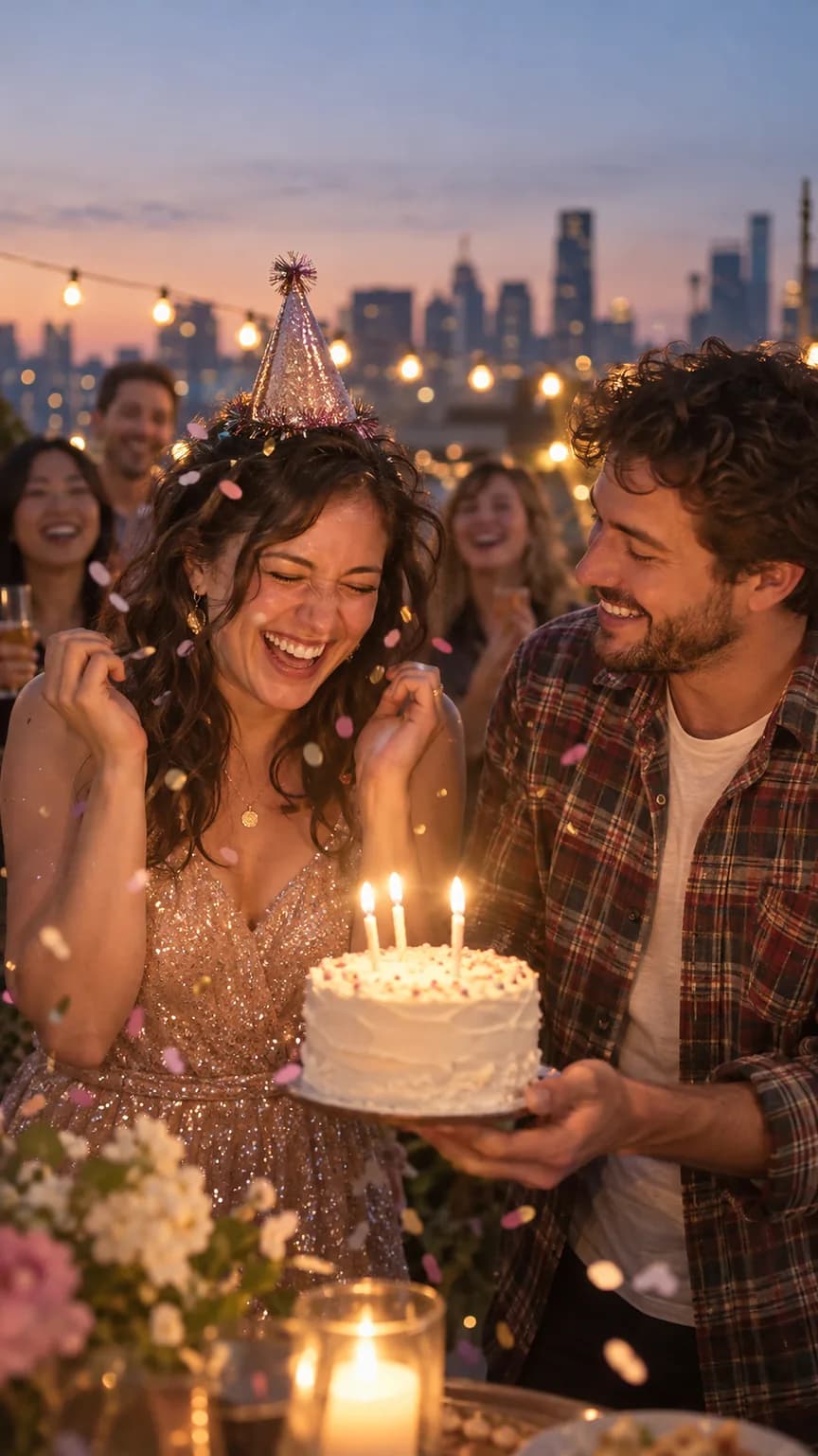 A woman in a sparkly party hat laughing as confetti falls at a rooftop birthday party, her best friend beside her holding a small cake with lit candles (AI photo, fictional people)