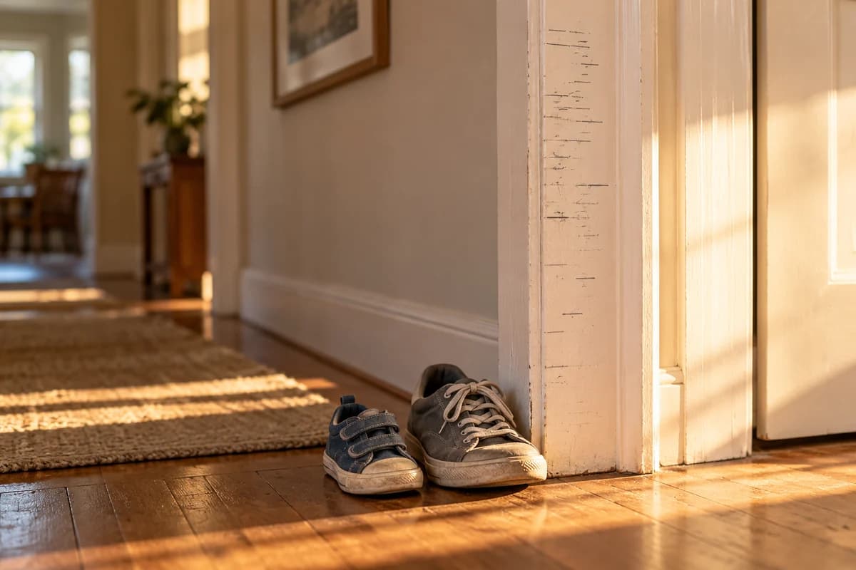 A white doorframe in a sunlit hallway covered in years of pencil height marks, a small sneaker and a large sneaker side by side on the floor (AI photo)