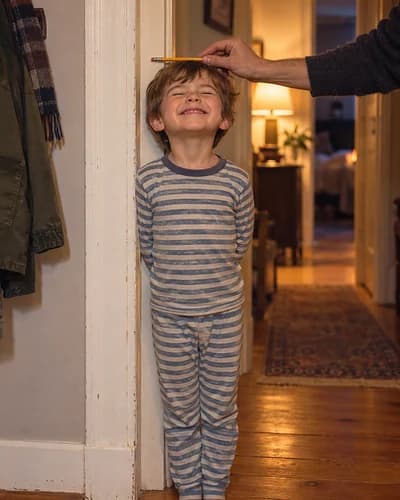 Old family snapshot of a four-year-old boy in striped pajamas standing tall against a doorframe while a parent marks his height in pencil (AI photo, fictional people)