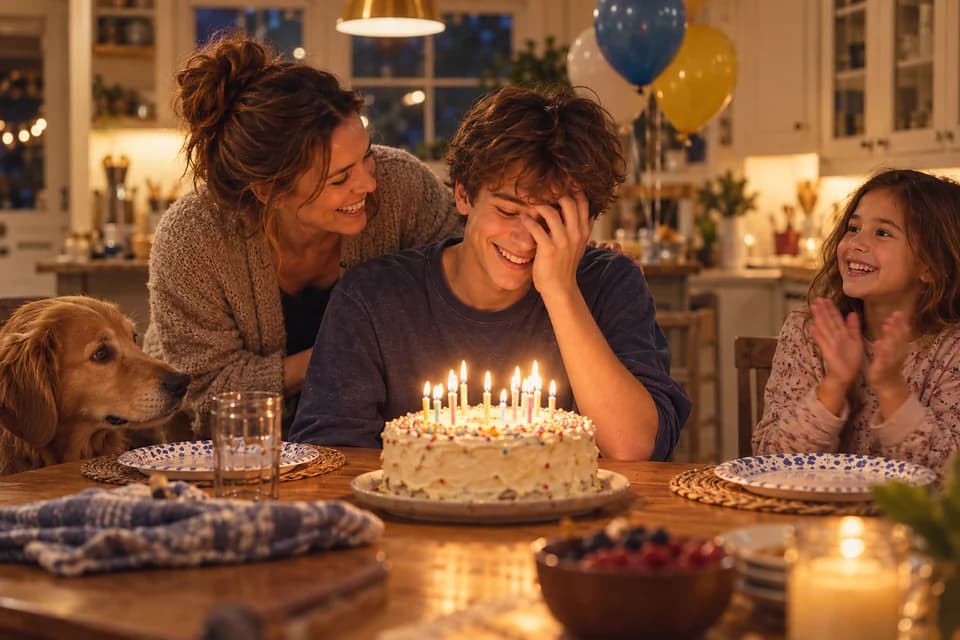 A sixteen-year-old covering half his grin before blowing out the candles on a homemade cake while his mother laughs beside him (AI photo, fictional people)