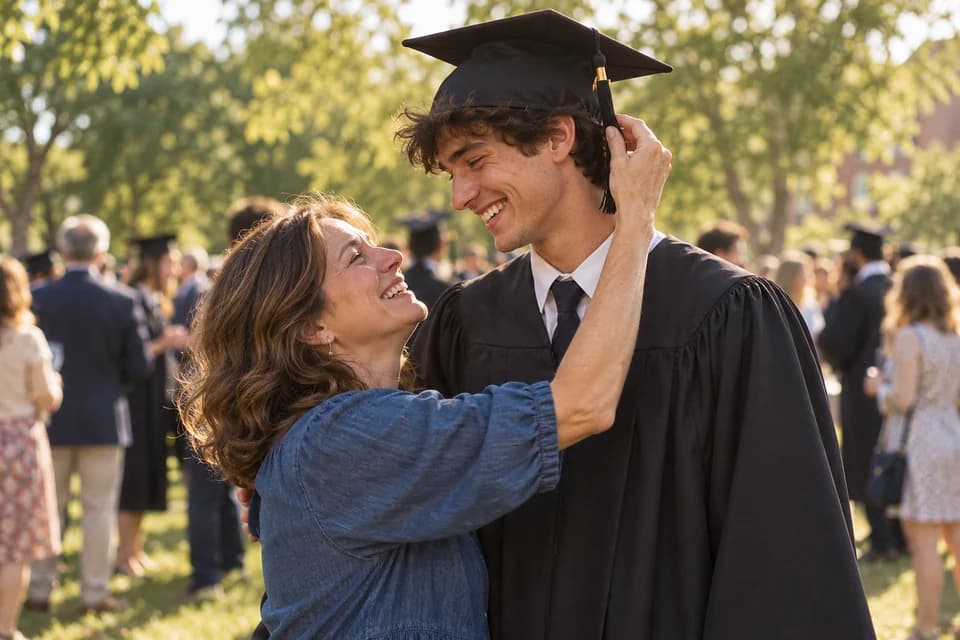 A mother straightening the tassel on her tall son's graduation cap on a school lawn, both laughing (AI photo, fictional people)