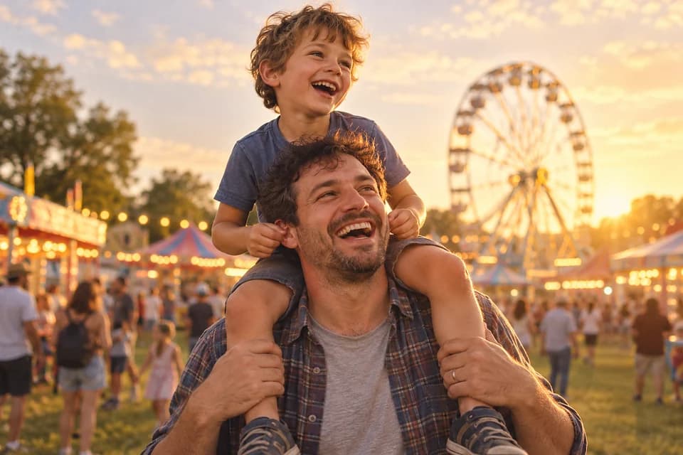 A six-year-old boy laughing on his father's shoulders at a summer fair, holding his dad's ears like handlebars (AI photo, fictional people)