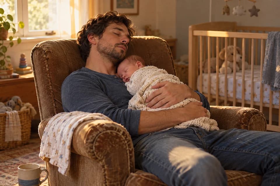 A young father asleep in a nursery armchair with his newborn son asleep on his chest under a knitted blanket (AI photo, fictional people)