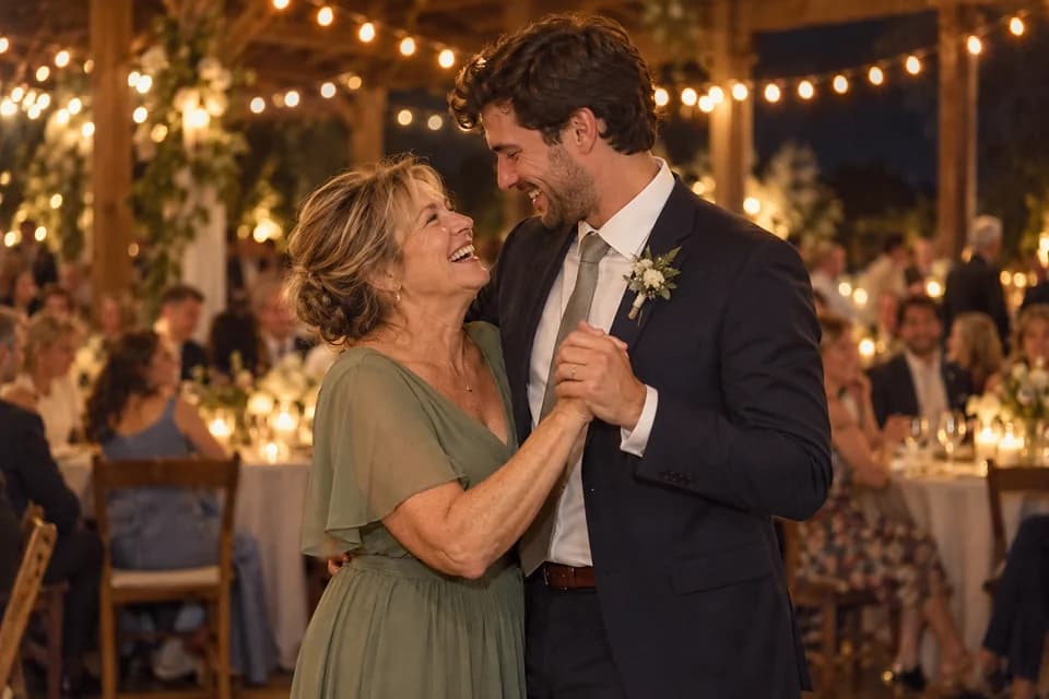 A mother in a green dress laughing up at her son, the groom, as they dance at his wedding reception (AI photo, fictional people)