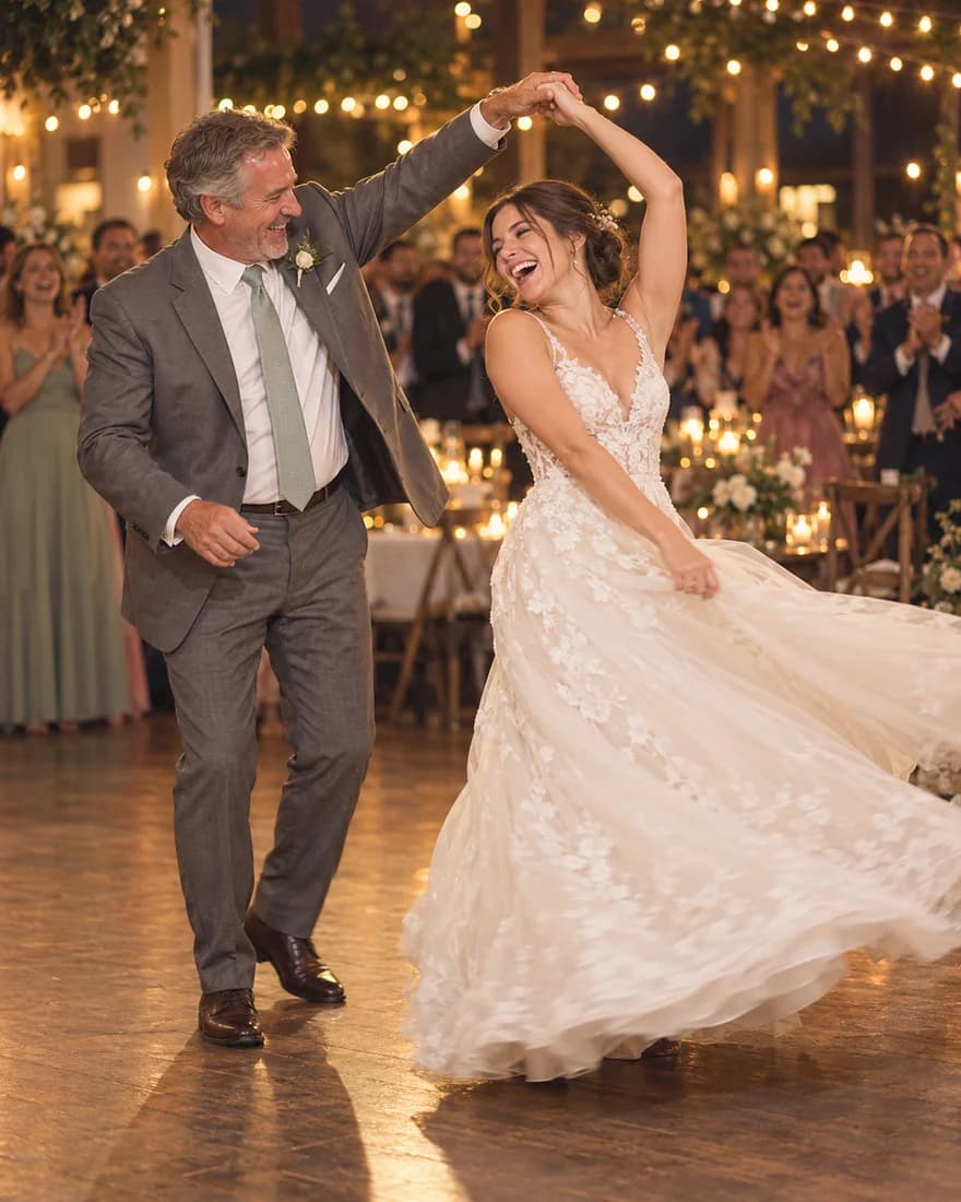 At a candlelit wedding reception a father in a gray suit spins his laughing daughter, the bride, under his raised arm while guests clap behind them (AI photo, fictional people)