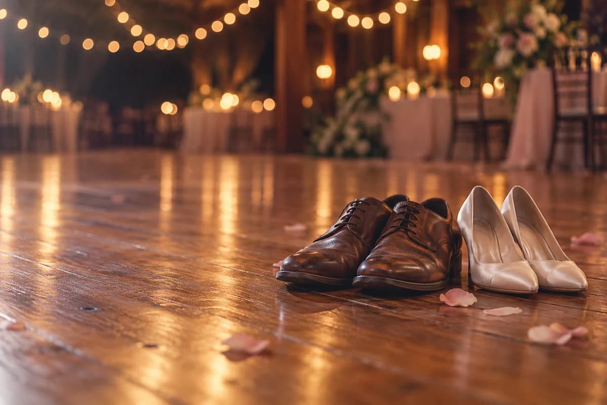 A father's worn brown dress shoes and a bride's ivory satin heels side by side on a wooden dance floor after the party, string lights glowing behind (AI photo)
