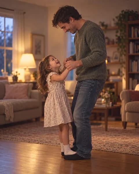 Old family photo of a five-year-old girl in white socks standing on her father's feet as they dance in the living room (AI photo, fictional people)
