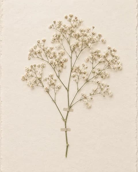 A pressed airy sprig of white baby's breath taped to handmade paper like a herbarium sheet (AI photo)