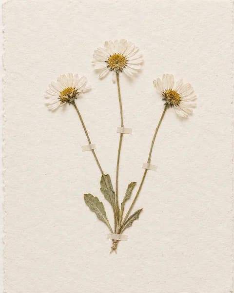 Three pressed white daisies on thin stems taped to handmade paper like a herbarium sheet (AI photo)