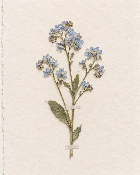 A pressed sprig of tiny sky-blue forget-me-nots taped to handmade paper like a herbarium sheet (AI photo)