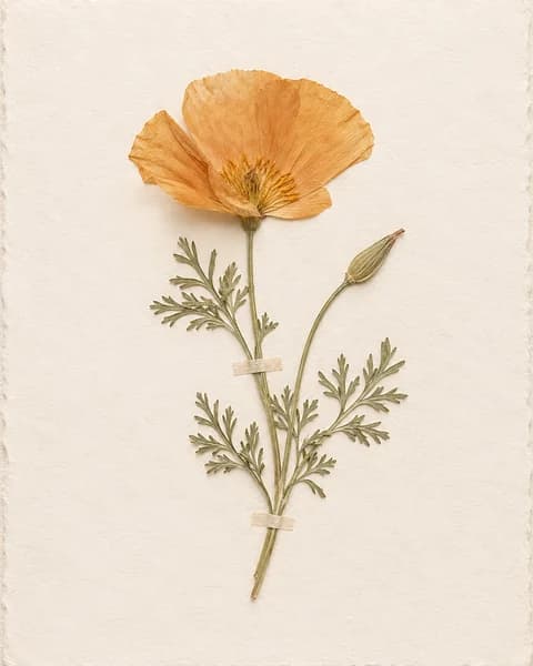 A pressed apricot California poppy with feathery leaves and one bud taped to handmade paper (AI photo)