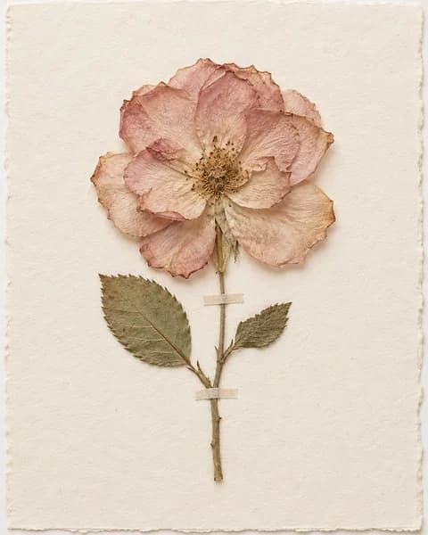 A pressed blush garden rose with two leaves taped to handmade paper like a herbarium sheet (AI photo)