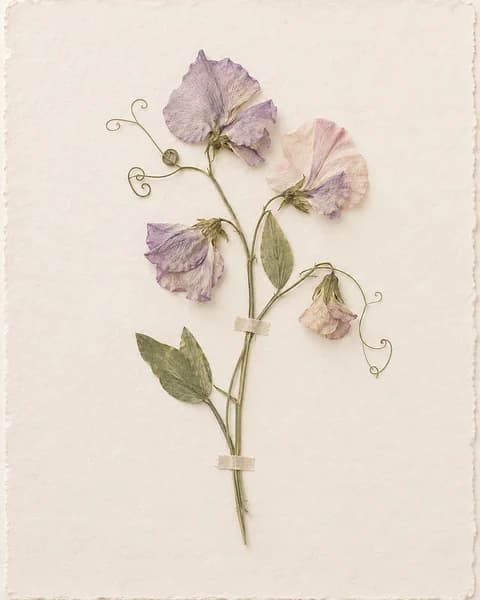 A pressed sprig of lilac and pale pink sweet peas with curling tendrils taped to handmade paper (AI photo)