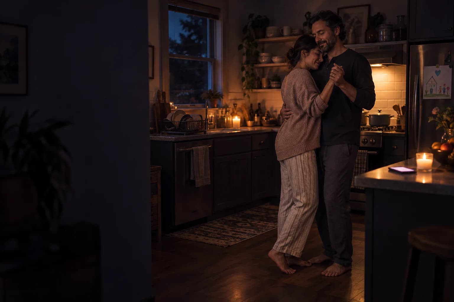 A couple slow dancing barefoot in their dark kitchen at night, lit by a single candle and the light above the stove (AI photo, fictional people)