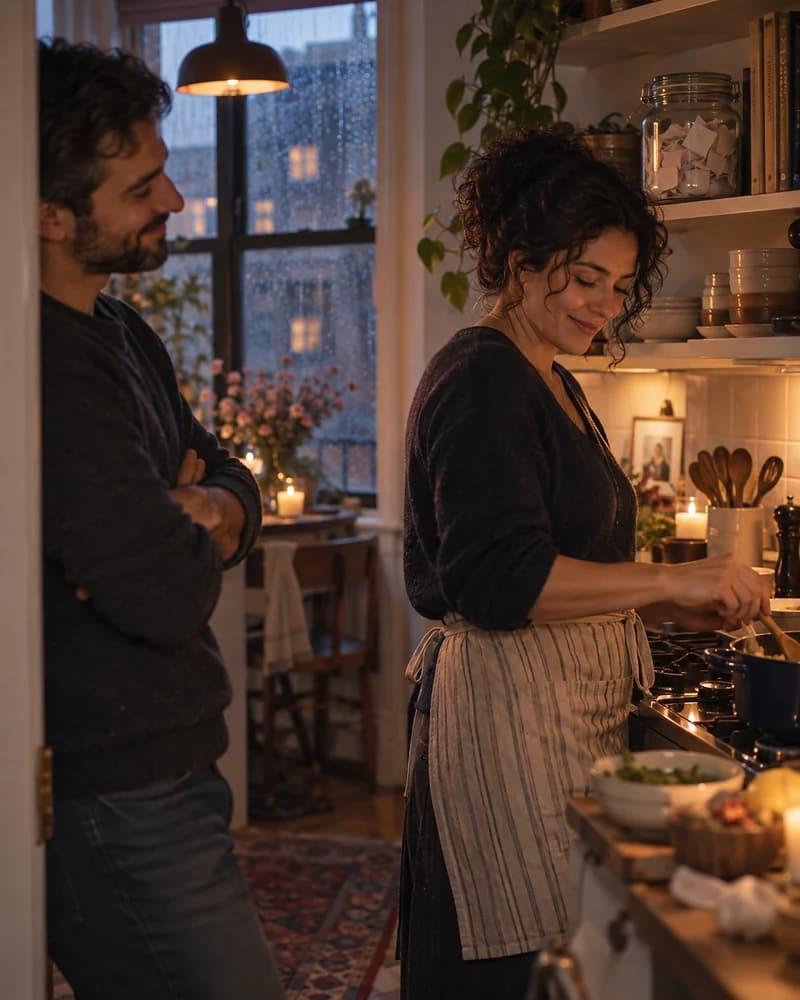 A woman humming while she cooks at the stove in a small kitchen, a jar of folded notes on the shelf, her partner leaning in the doorway watching her (AI photo, fictional people)