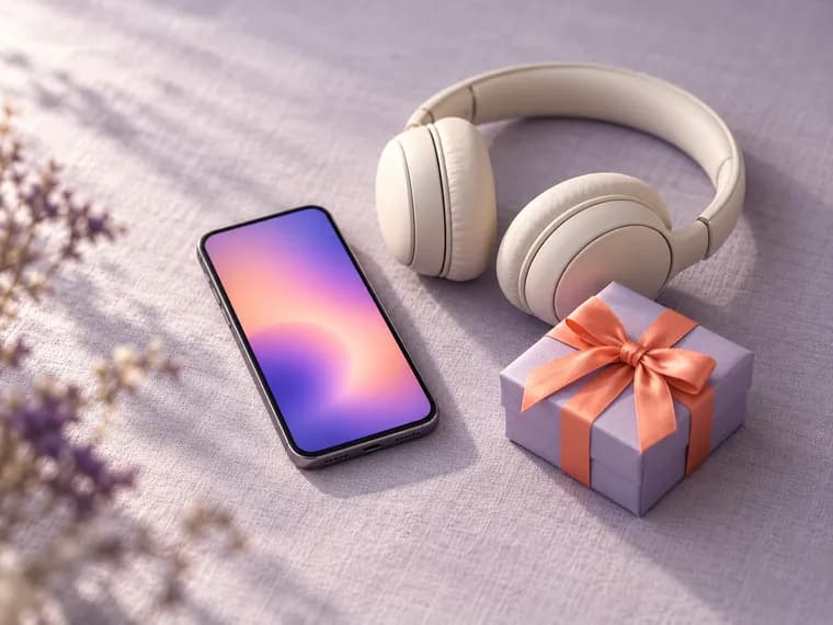 A phone with a glowing screen, cream headphones and a small lilac gift box with a coral ribbon