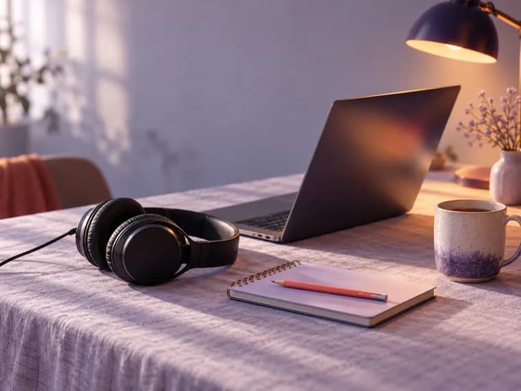 A laptop, studio headphones, a notebook with a pencil and a mug on a desk at dusk