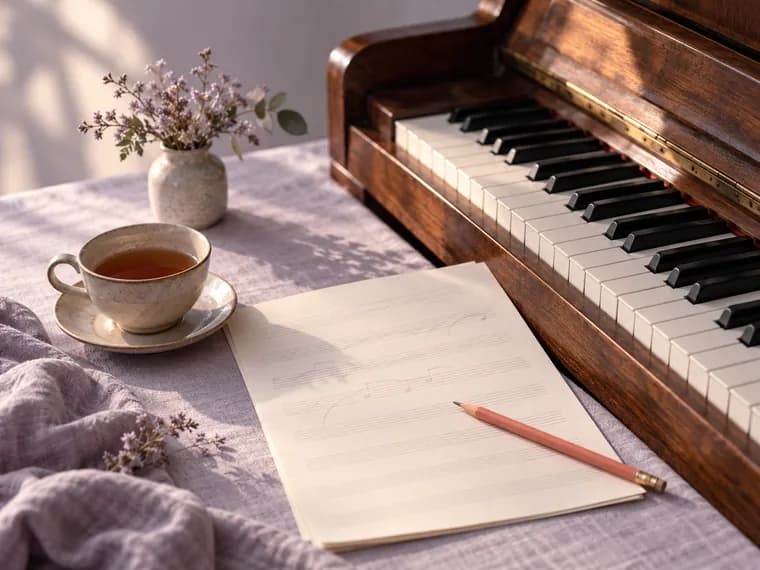 The corner of an upright piano with blank music paper, a pencil and a cup of tea