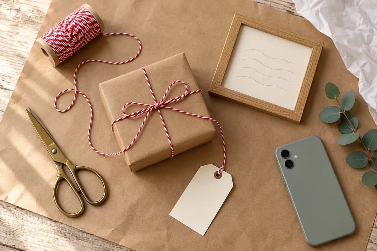 A gift-wrapping table seen from above: a box in brown kraft paper tied with red and white twine, scissors, a blank tag and a frame with a sheet of paper (AI photo)