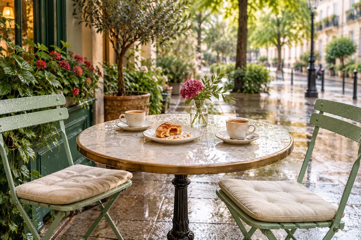Two coffees at a small sidewalk café after rain (AI photo)
