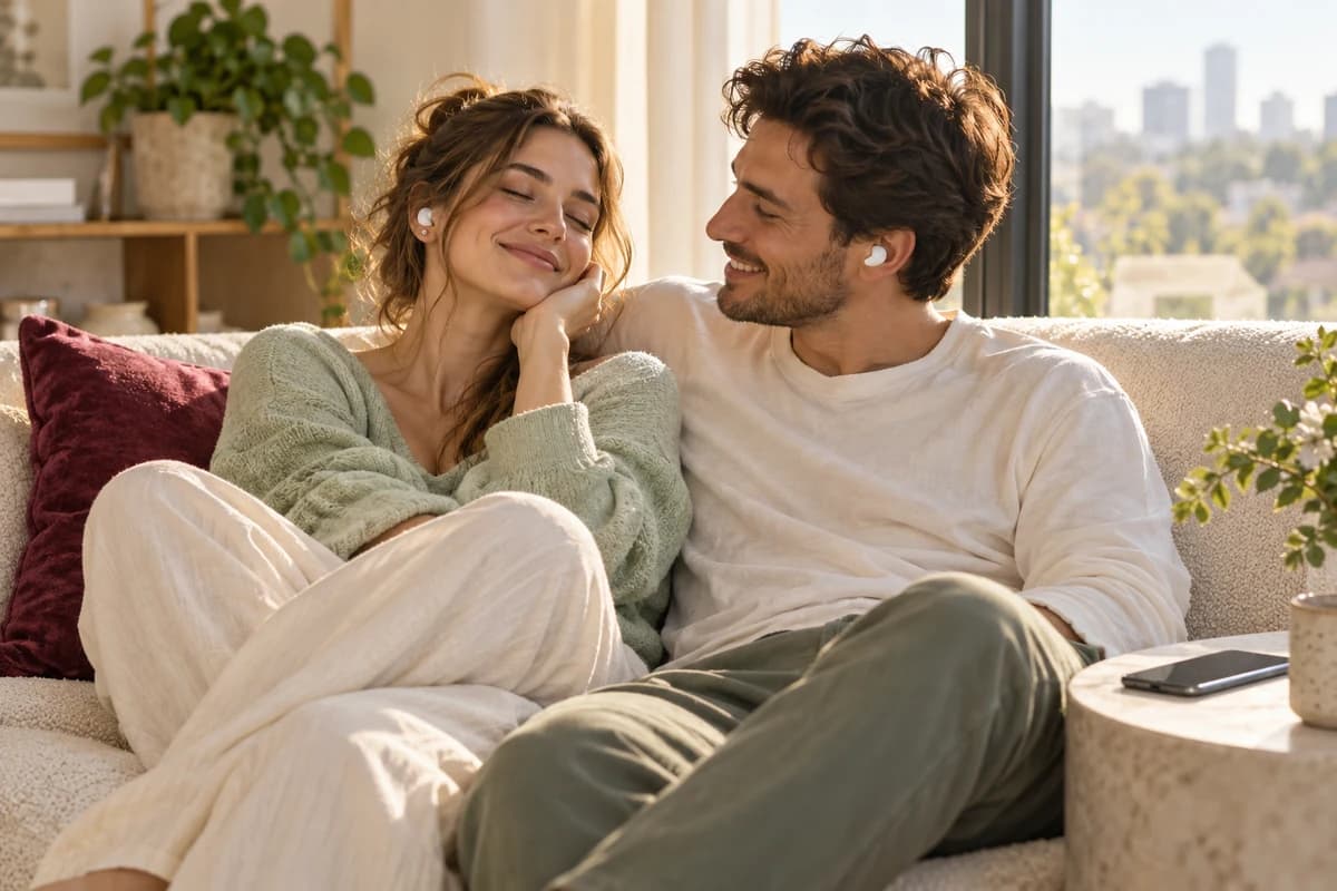 A couple sharing earbuds on a sofa by a sunlit window (AI photo, fictional people)