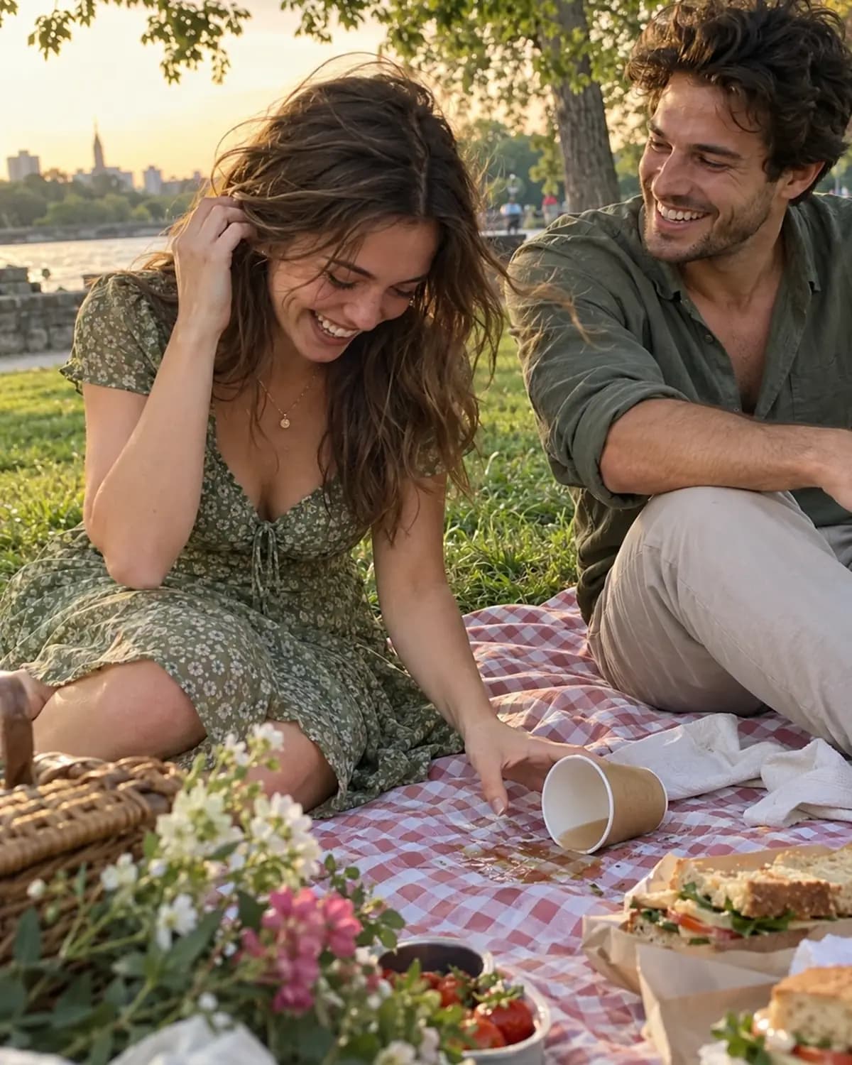 A young couple laughing at their windswept picnic (AI photo, fictional people)