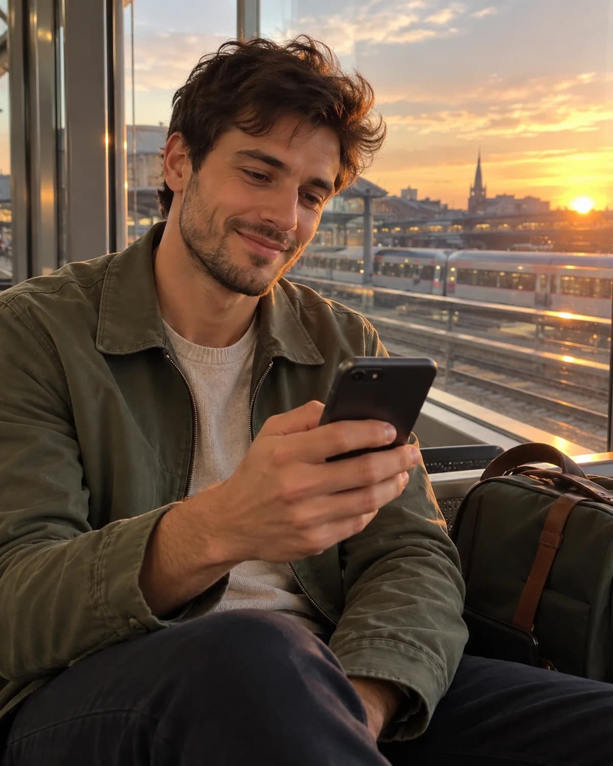 A man smiling at his phone beside a train-station window (AI photo, fictional person)