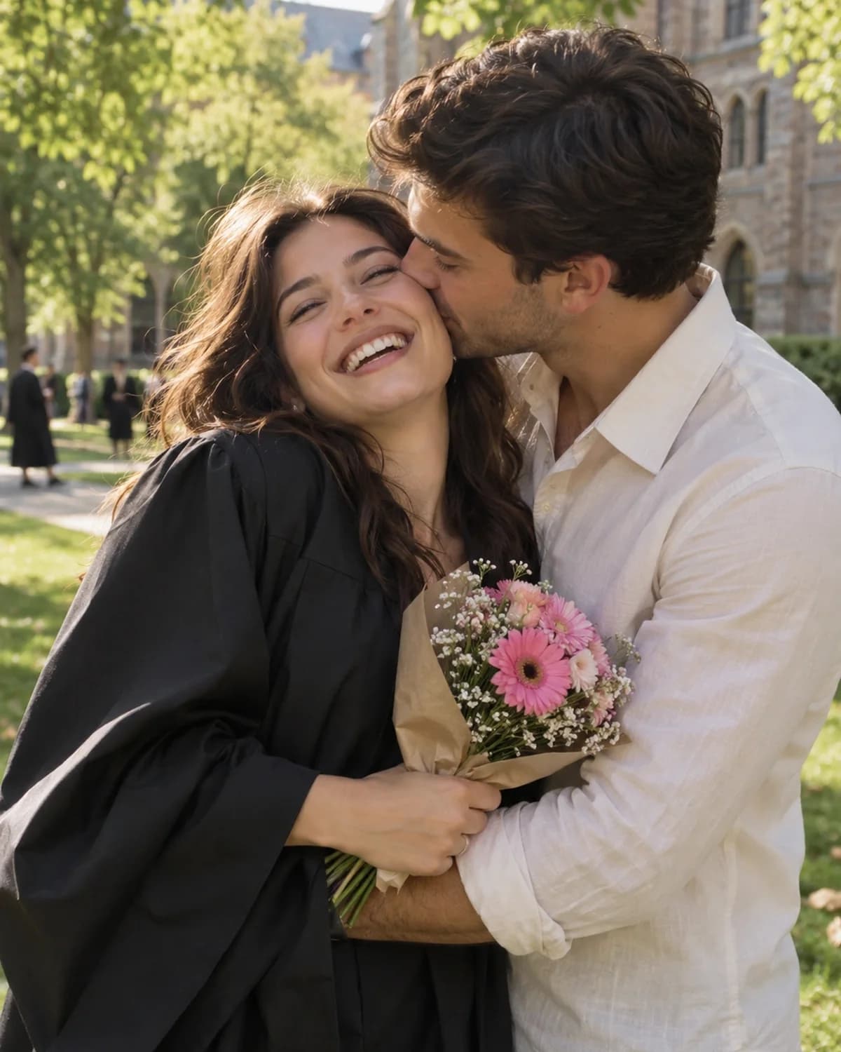 A graduate laughing as her boyfriend embraces her on a lawn (AI photo, fictional people)