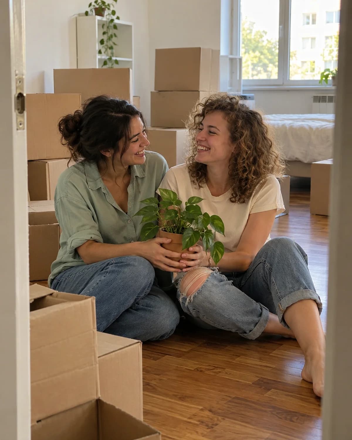 Two girlfriends sharing a laugh among moving boxes (AI photo, fictional people)