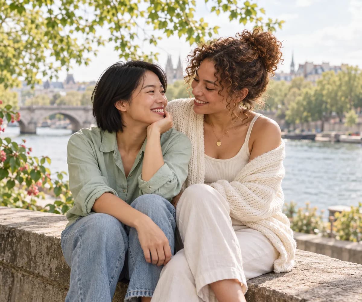 Two girlfriends laughing together by a river in the afternoon (AI photo, fictional people)
