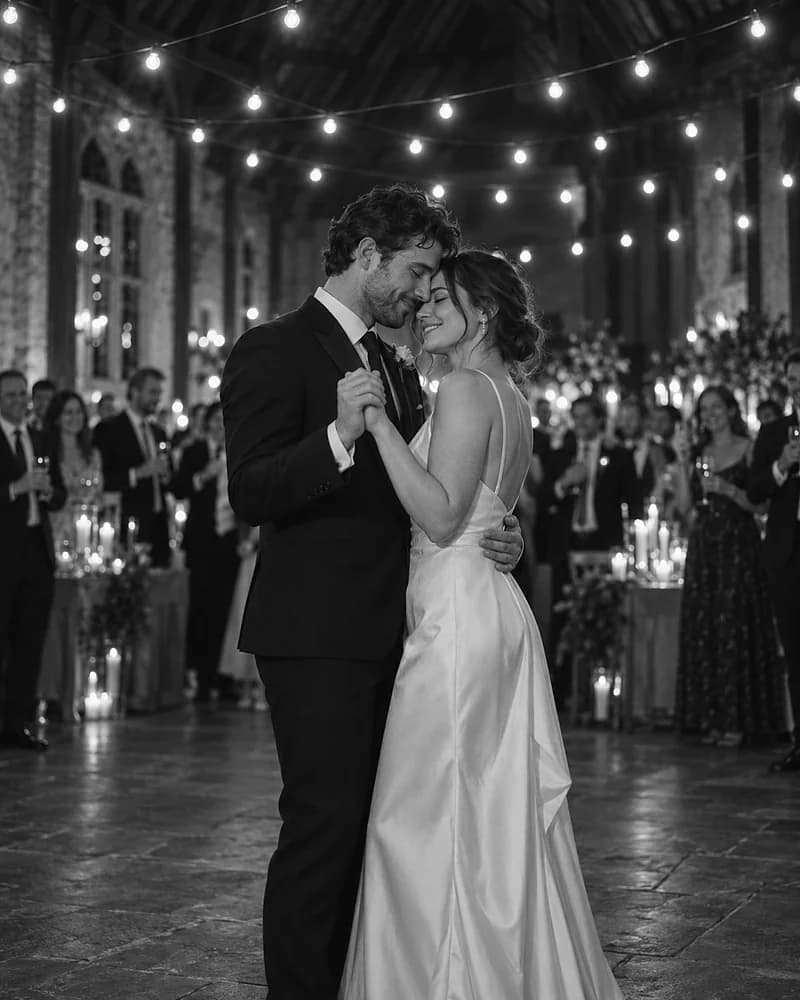 Black-and-white photo of a bride and groom slow dancing under a canopy of glowing bulbs while their guests watch (AI photo, fictional people)