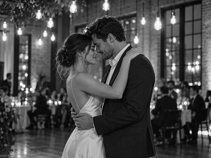 Black-and-white photo of a young couple swaying with foreheads touching under hanging bulbs in a brick loft (AI photo, fictional people)