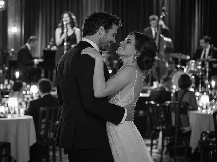 Black-and-white photo of a couple dancing close in a candlelit supper club while a singer performs behind them (AI photo, fictional people)