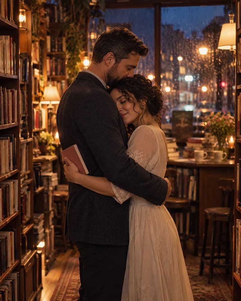 A couple slow dancing between tall shelves in a small bookshop after closing, she holds a poetry book against his back, rain on the window (AI photo, fictional people)