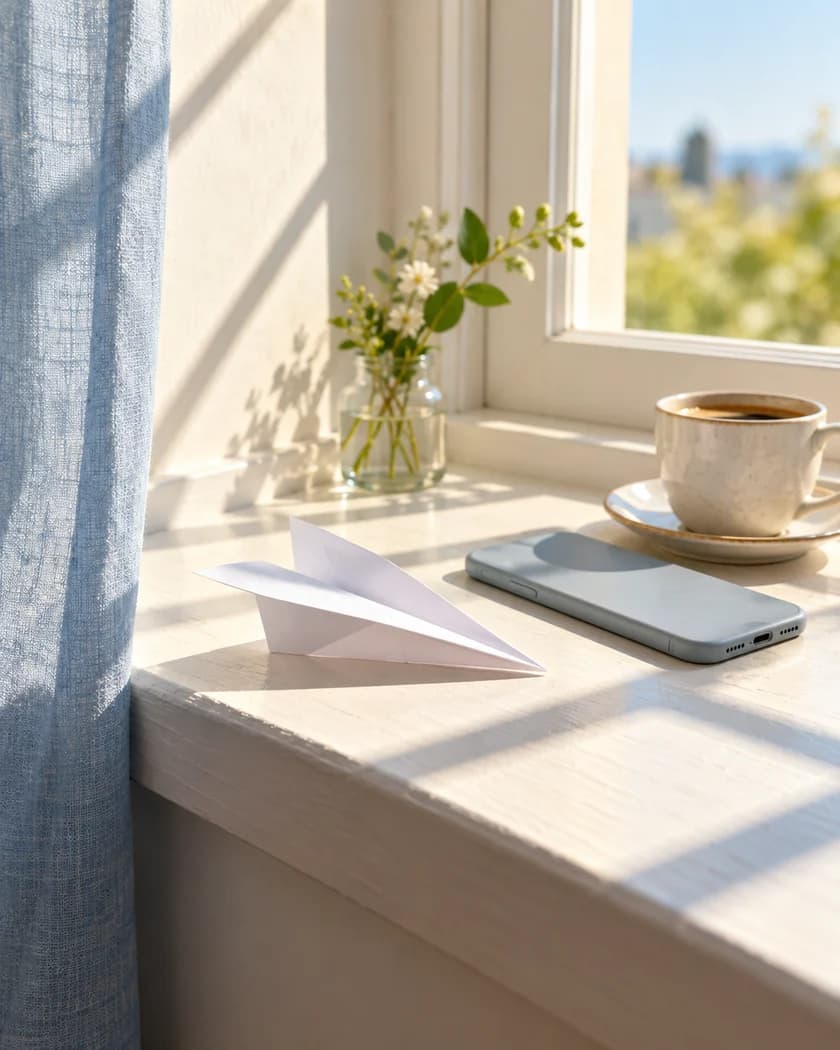 A white paper airplane on a sunny windowsill beside a phone lying face down and a cup of coffee