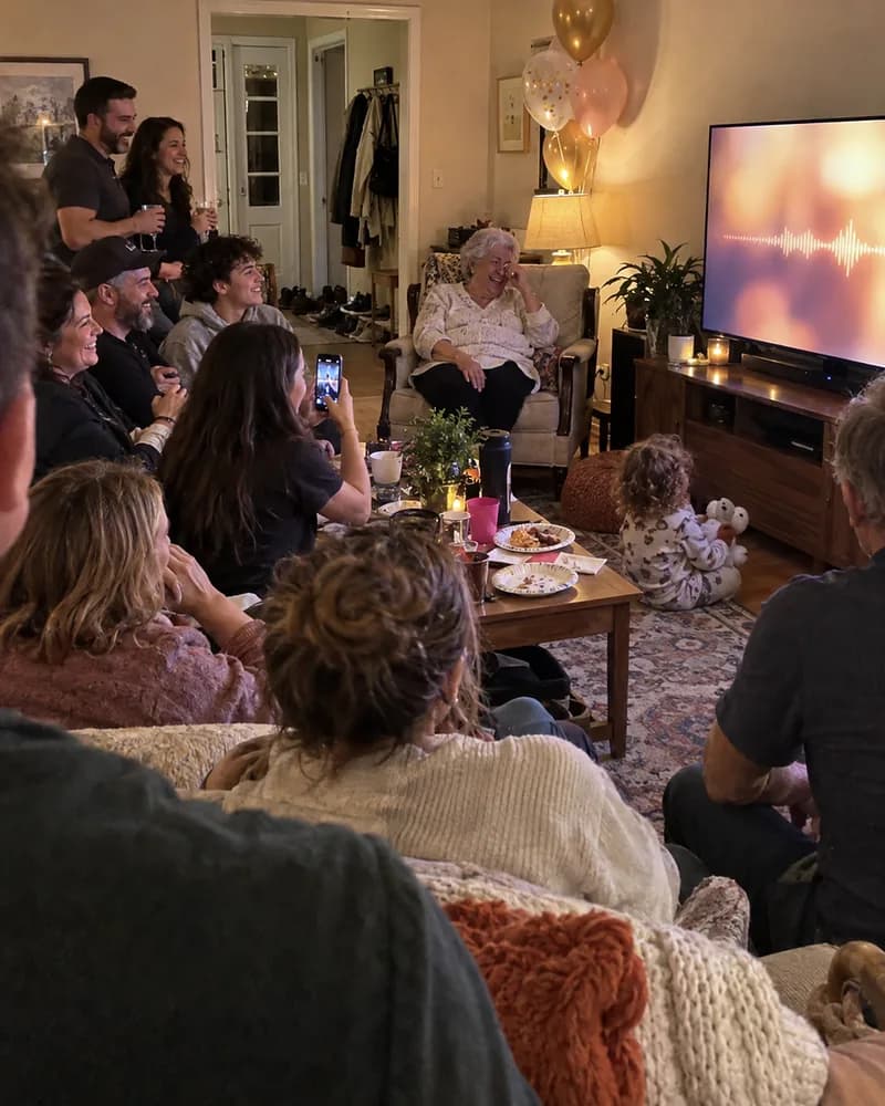 A living room full of family gathered around a TV, a grandmother in front wiping her eye and laughing while a teenager films on a phone (AI photo, fictional people)