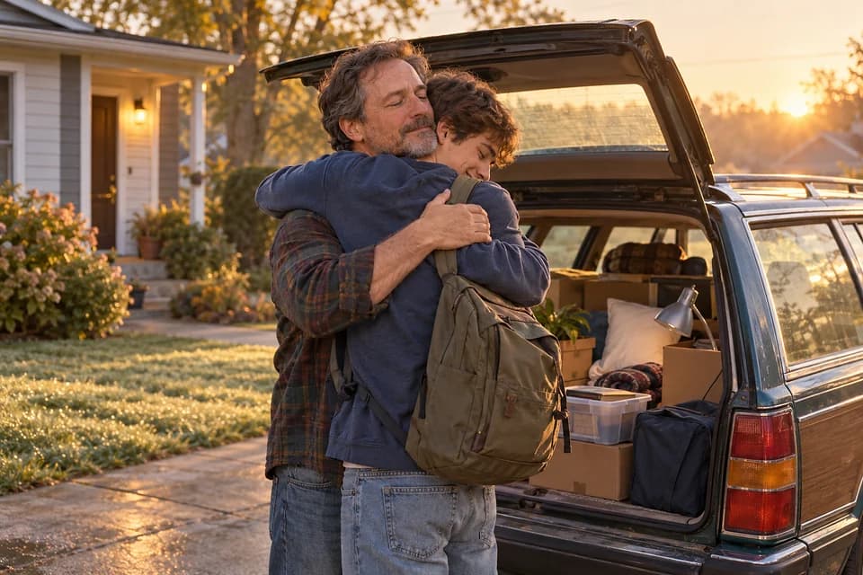 A father and his eighteen-year-old son hugging beside a packed station wagon in the driveway at sunrise (AI photo, fictional people)