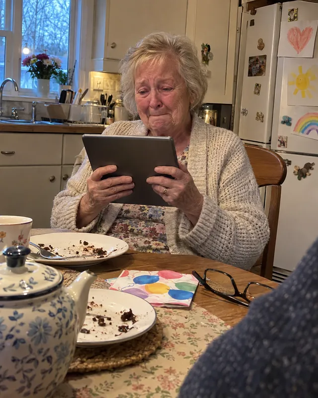 A grandmother at her kitchen table holds a tablet and presses her lips together, trying not to cry (AI photo, fictional people)