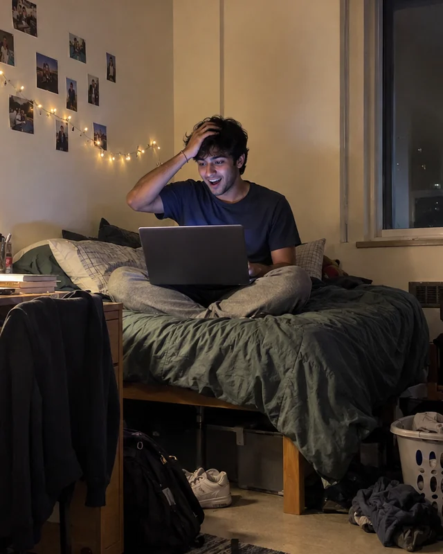 A college student on his dorm bed stares at his laptop with his hand on his head in happy disbelief (AI photo, fictional person)