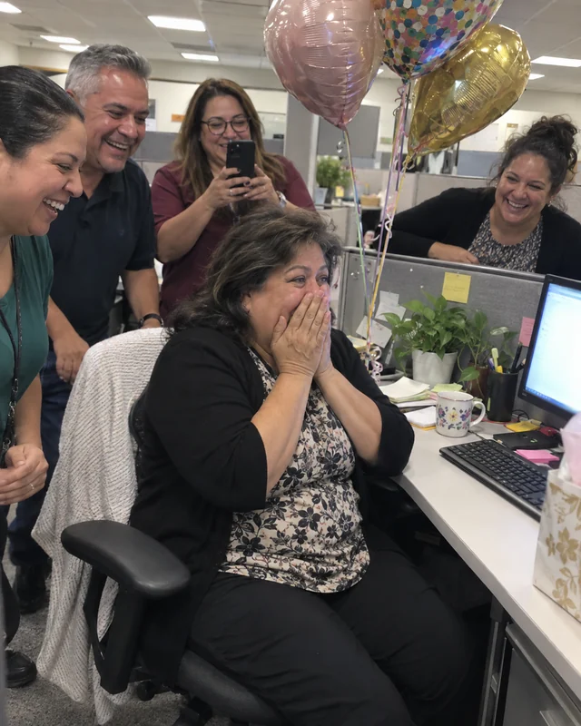 An office worker at her desk covers her mouth with both hands while coworkers laugh behind her chair and one films on a phone (AI photo, fictional people)