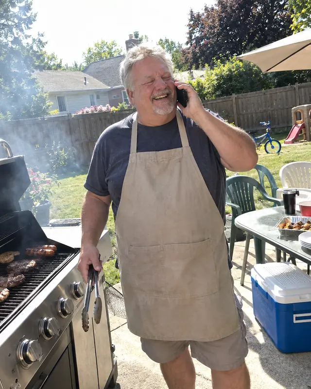 A dad in an apron at the backyard grill laughs with his eyes closed while holding his phone to his ear (AI photo, fictional person)