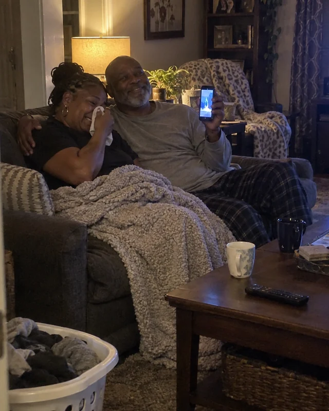 A couple on their couch at night, the wife wiping tears on her husband's shoulder as he holds up his phone (AI photo, fictional people)