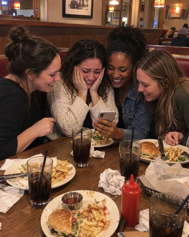 Four friends in a diner booth lean toward a phone while the birthday girl laughs with her hands on her cheeks (AI photo, fictional people)