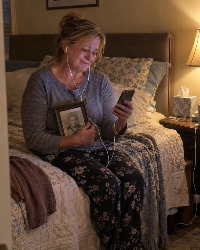 A woman sits on the edge of her bed with earbuds in, holding a framed photo of her late father and smiling through tears (AI photo, fictional person)