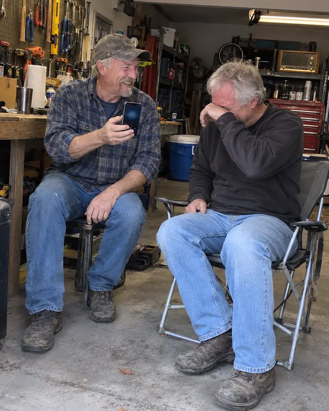 Two older friends sit in a garage workshop, one holding up a phone while the other wipes his eyes and laughs (AI photo, fictional people)
